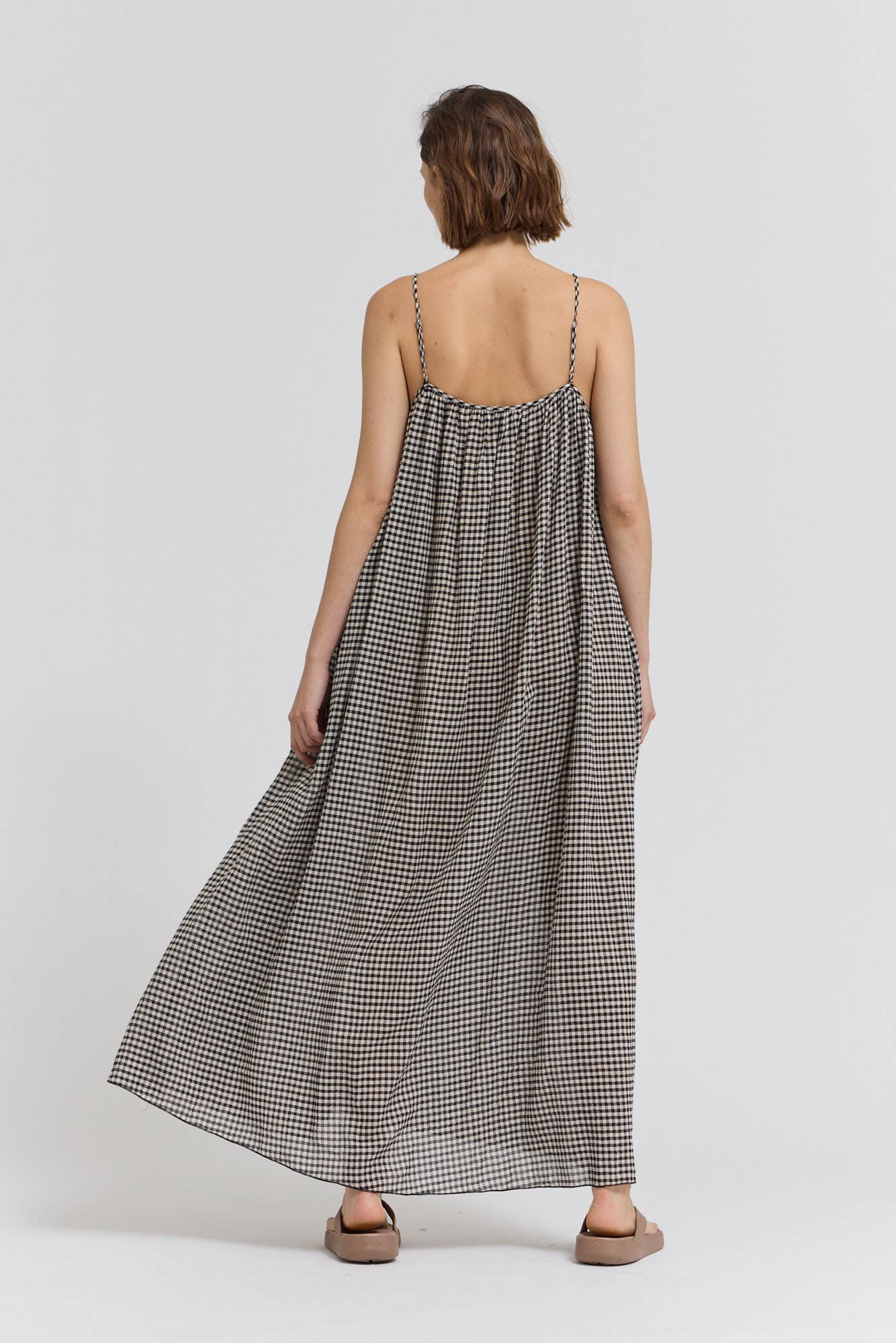GINGHAM VISCOSE SPAGHETTI DRESS