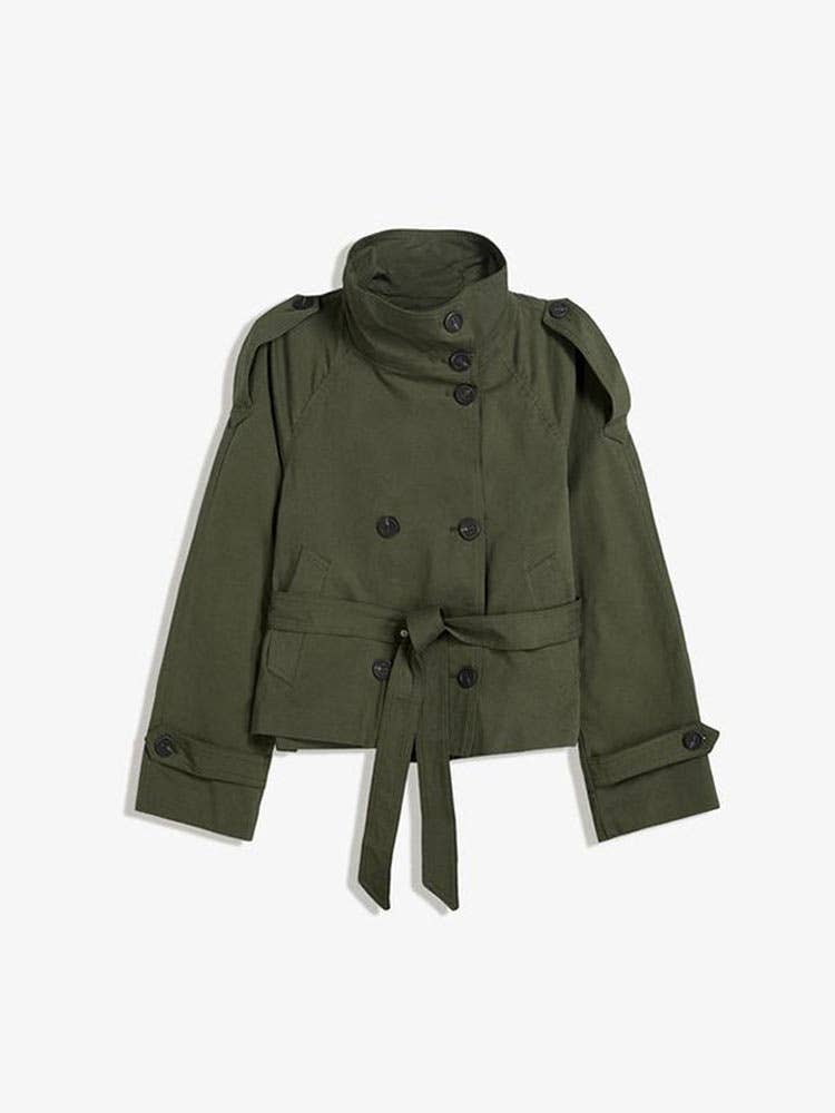 Stand-Collar Buttoned Belted Short Trench Coat