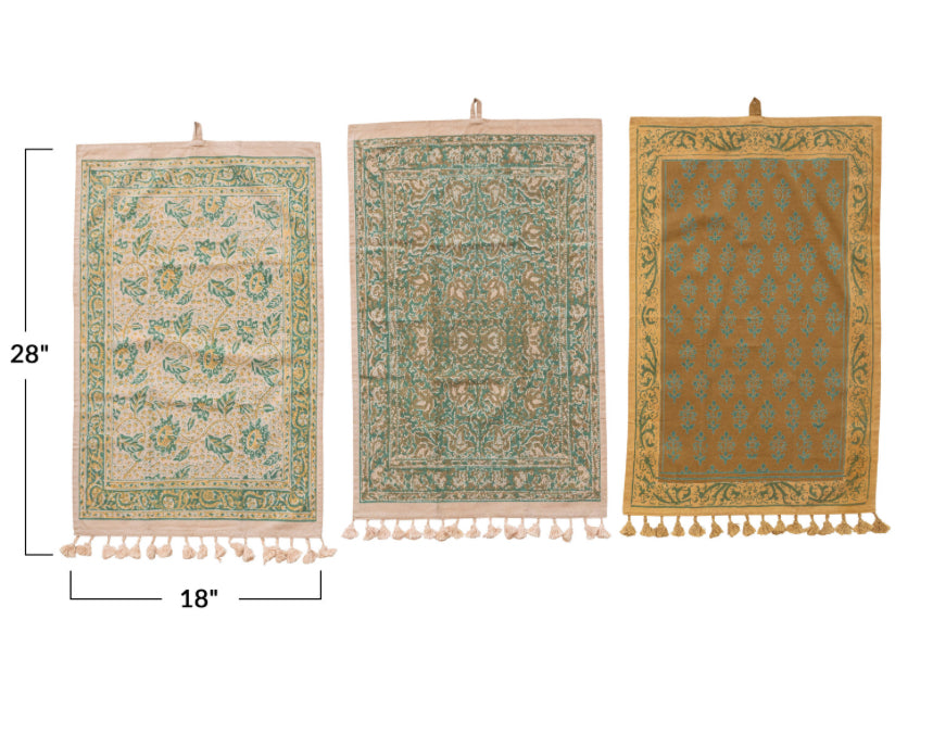 Cotton Printed Tea Towel w/ Design, Tassels & Loop, Multi Color, 3 Styles