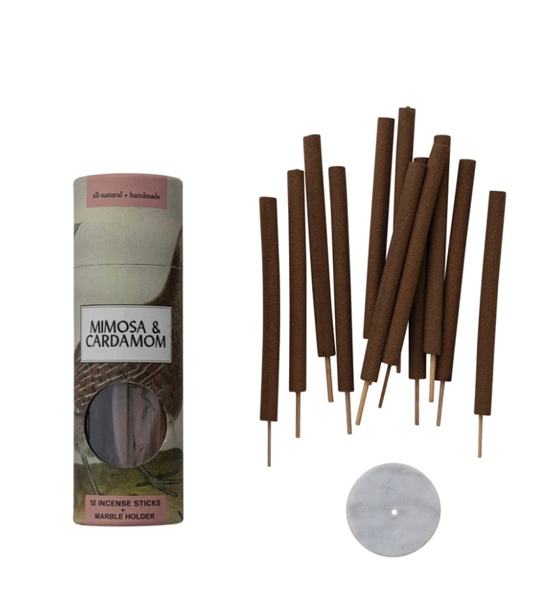 Mimosa & Cardamom Scented Incense Sticks w/Holder