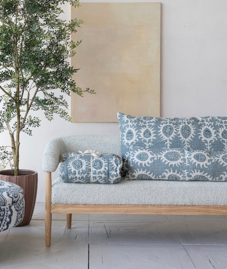 Rubberwood & Boucle Fabric Upholstered Settee