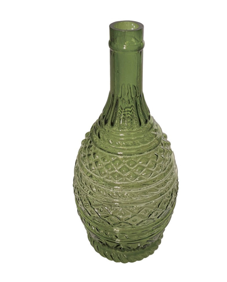 Hand-Blown Embossed Glass Vase, Green
