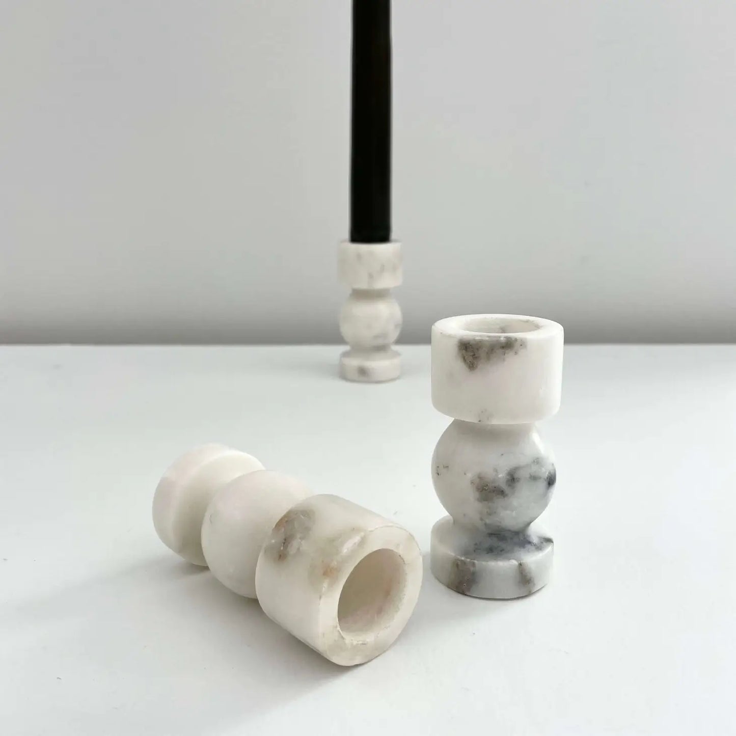 Turned White Stone Candle Holders - Large