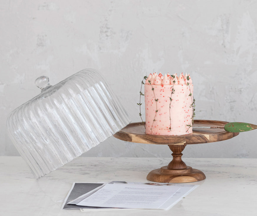 Acacia Pedestal with Glass Cloche