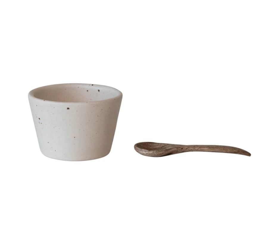 Stoneware Bowl w/ Mango Wood Spoon, Set of 2