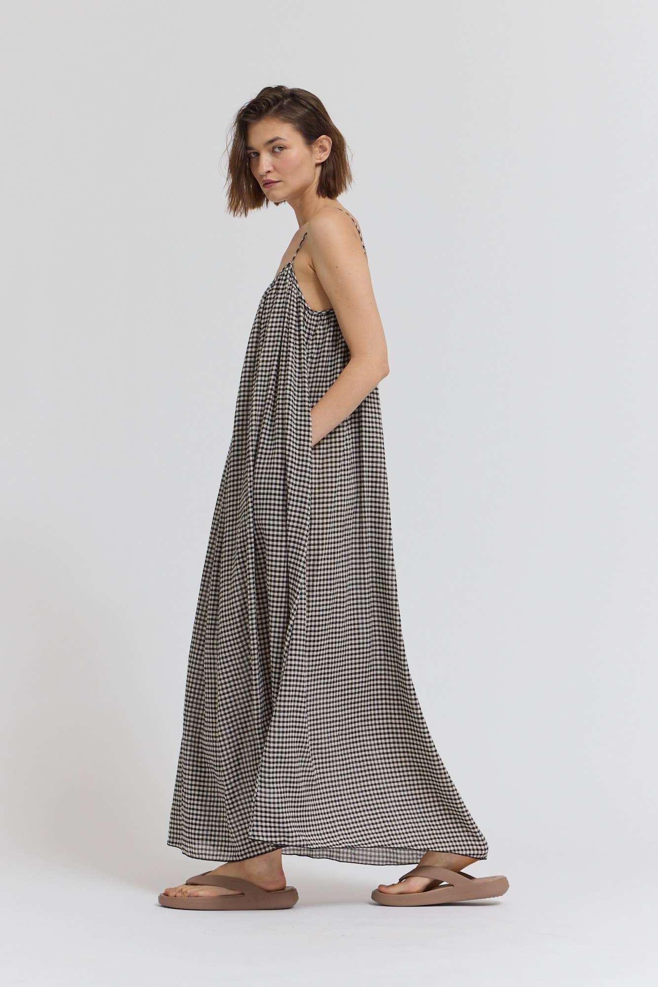 GINGHAM VISCOSE SPAGHETTI DRESS