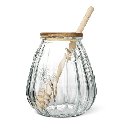 15oz Embossed Bee Glass Honey Jar w Acacia Lid & Wood Dipper