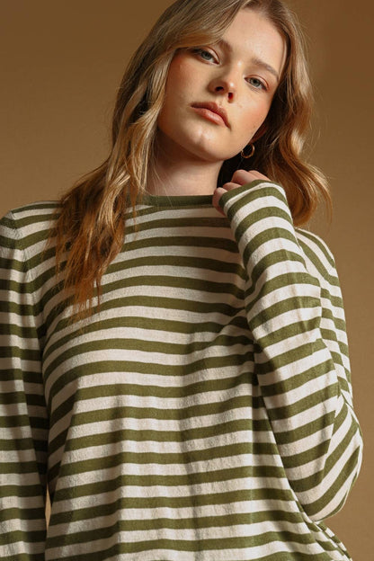 T7238   ROUND NECK LONG SLEEVE STRIPED KNITTED TOP