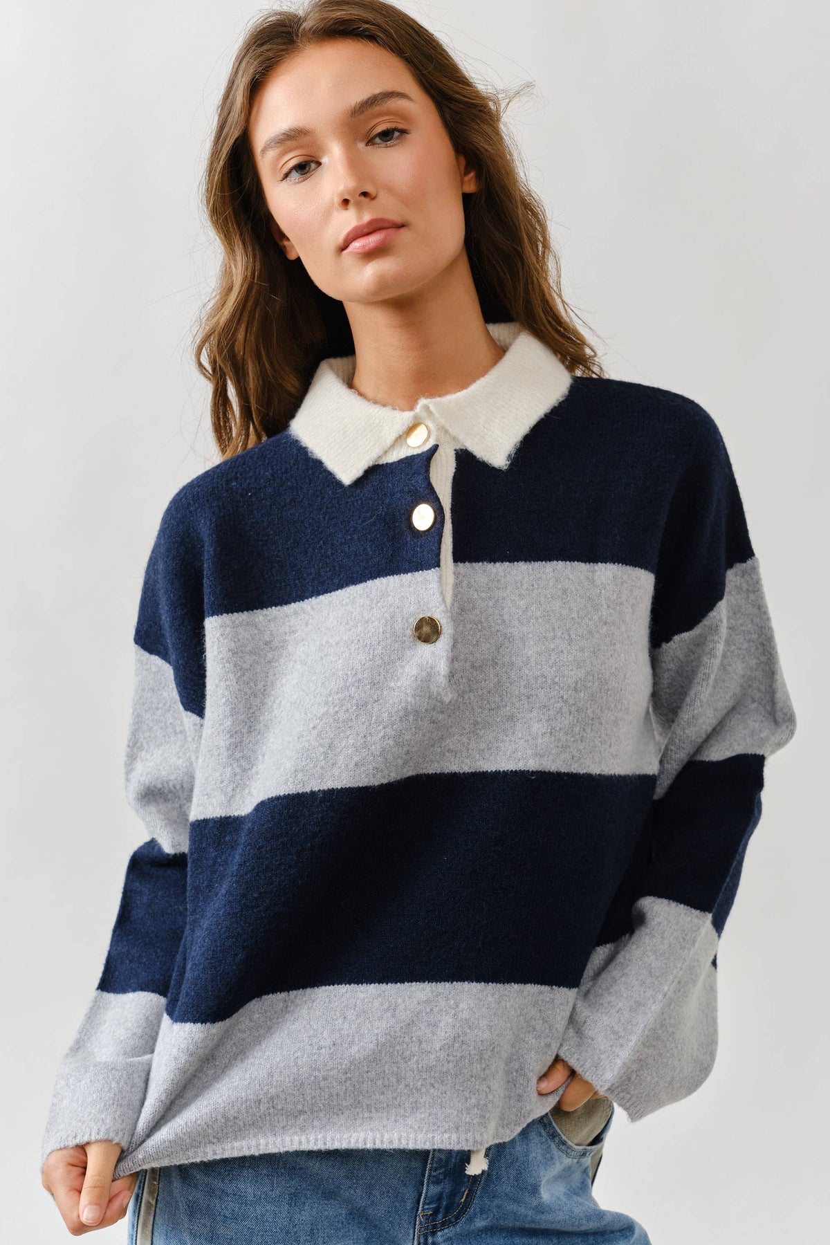 AJT5047 STRIPED POLO NECK SWEATER