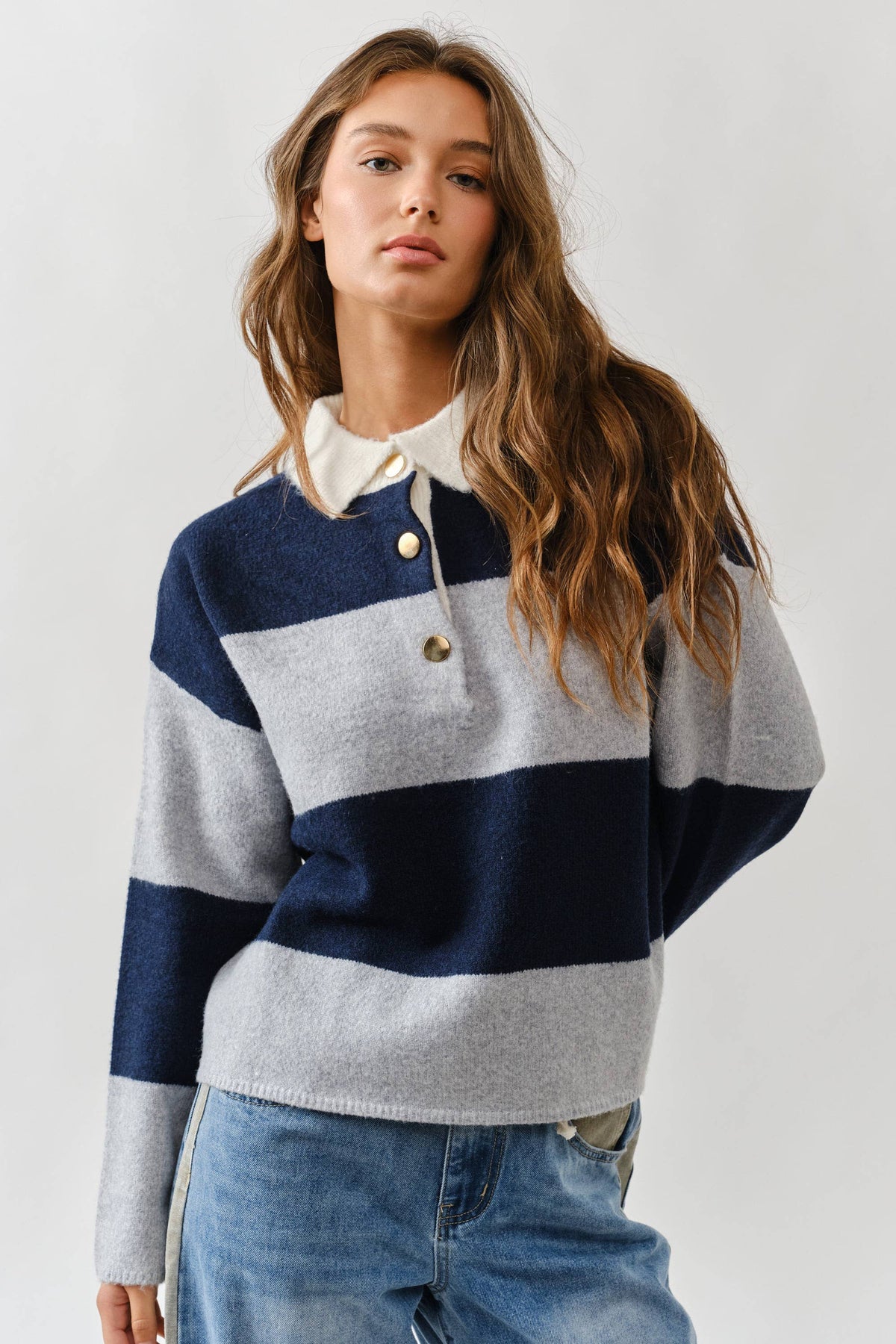AJT5047 STRIPED POLO NECK SWEATER