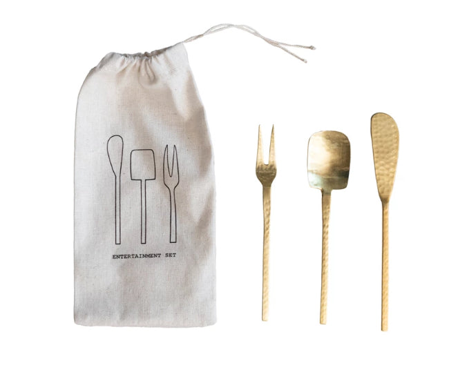 Hammered Stainless Steel Appetizer Utensils, Gold Finish, Set of 3 in Drawstring Bag