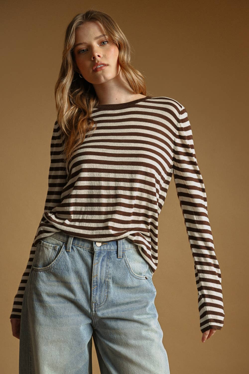 T7238   ROUND NECK LONG SLEEVE STRIPED KNITTED TOP