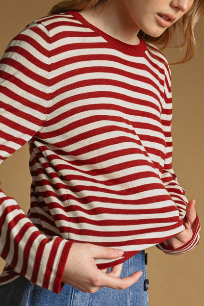 T7238   ROUND NECK LONG SLEEVE STRIPED KNITTED TOP