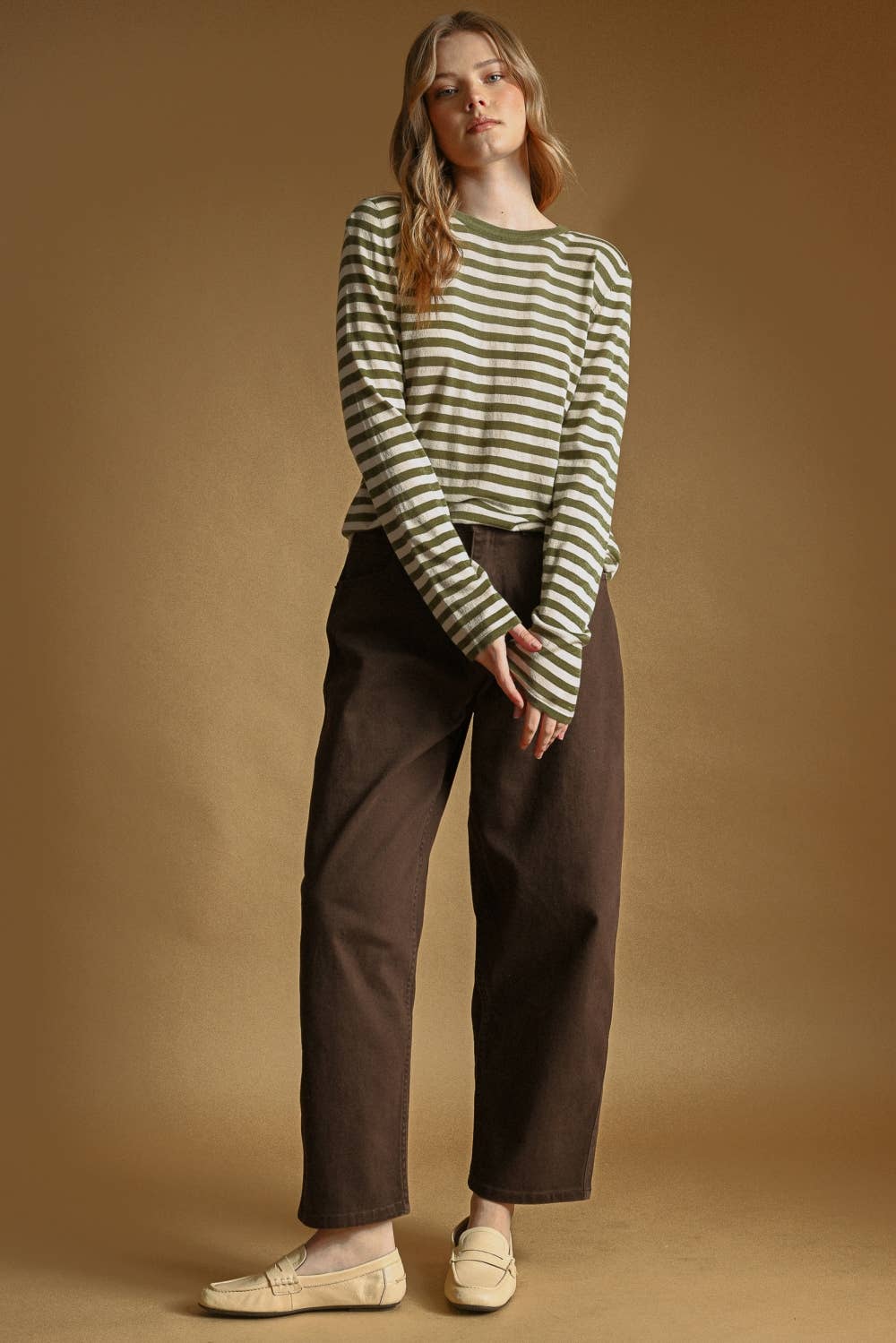 T7238   ROUND NECK LONG SLEEVE STRIPED KNITTED TOP