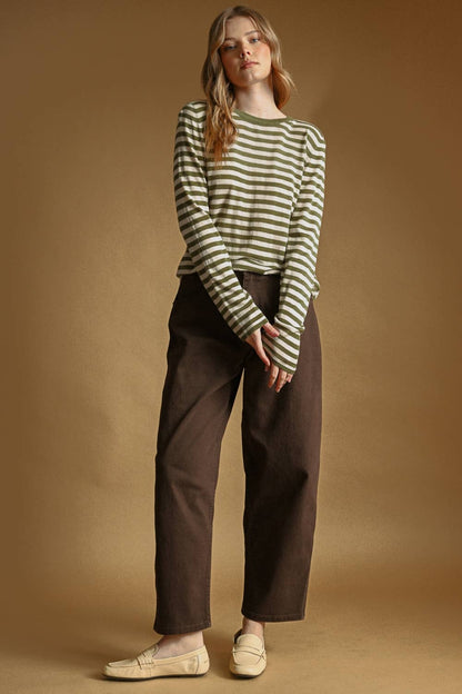 T7238   ROUND NECK LONG SLEEVE STRIPED KNITTED TOP