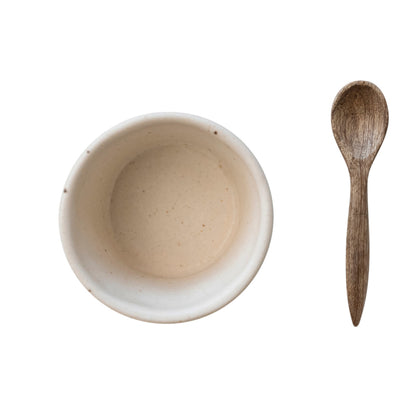 Stoneware Bowl w/ Mango Wood Spoon, Set of 2