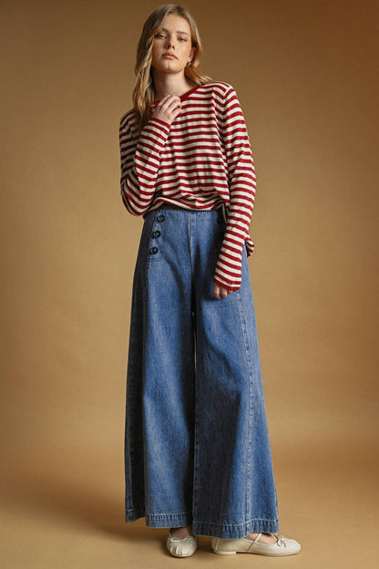 T7238   ROUND NECK LONG SLEEVE STRIPED KNITTED TOP