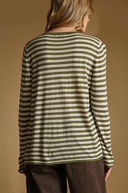 T7238   ROUND NECK LONG SLEEVE STRIPED KNITTED TOP