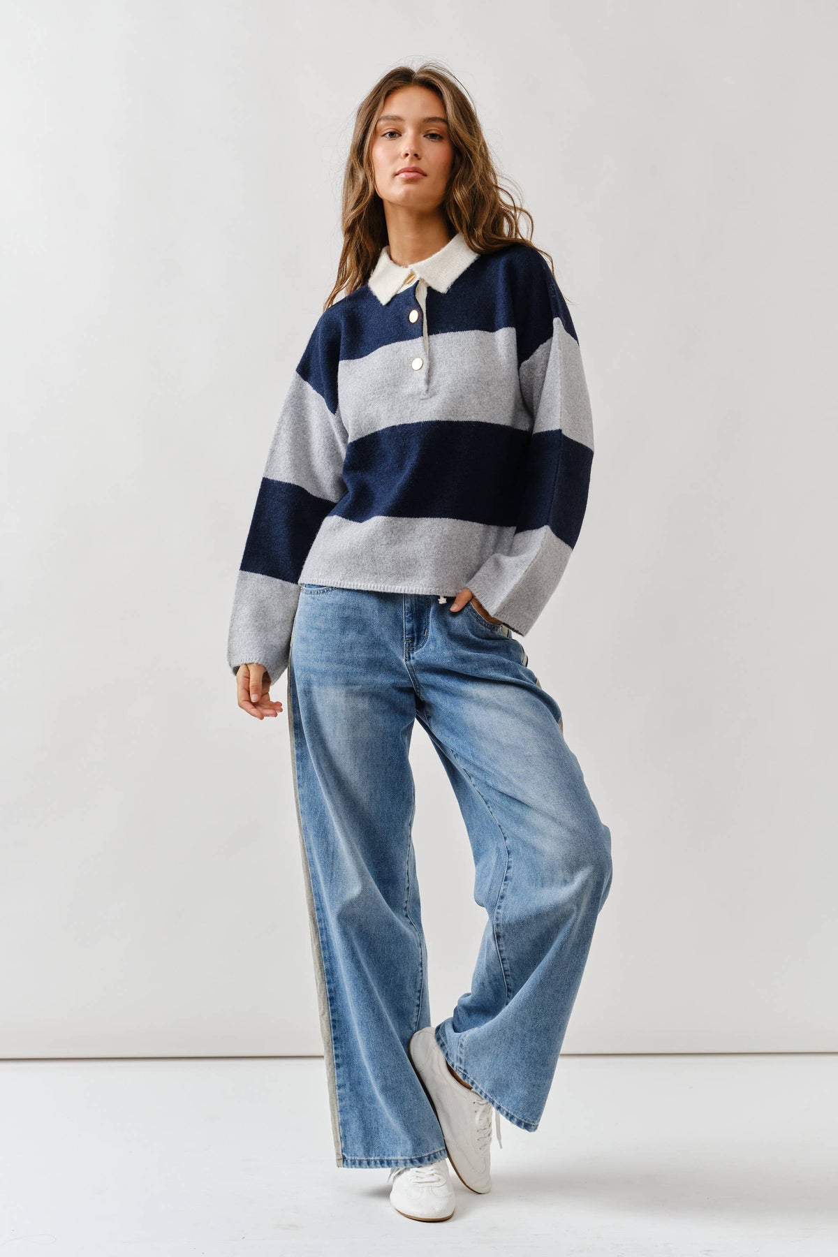 AJT5047 STRIPED POLO NECK SWEATER