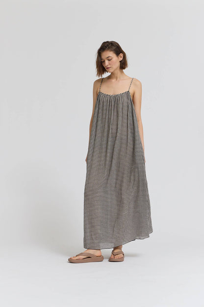 GINGHAM VISCOSE SPAGHETTI DRESS