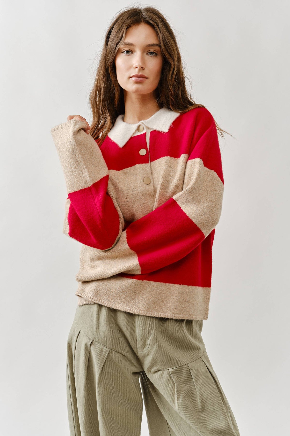 AJT5047 STRIPED POLO NECK SWEATER