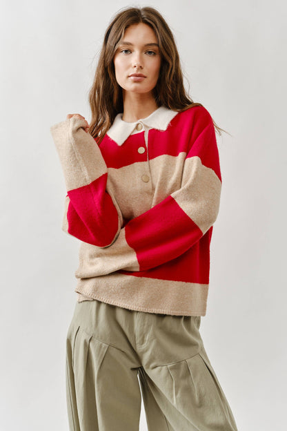 AJT5047 STRIPED POLO NECK SWEATER