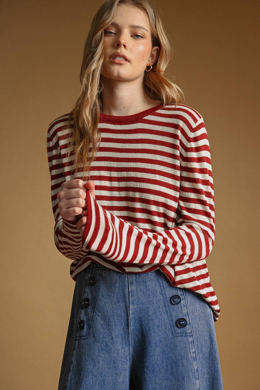 T7238   ROUND NECK LONG SLEEVE STRIPED KNITTED TOP