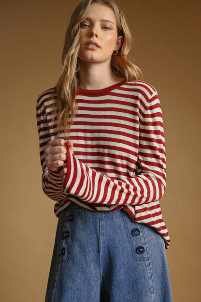 T7238   ROUND NECK LONG SLEEVE STRIPED KNITTED TOP
