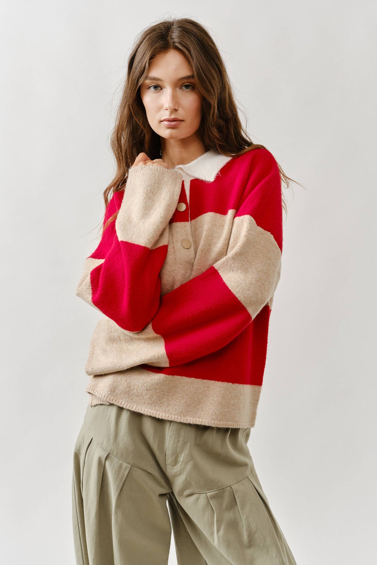 AJT5047 STRIPED POLO NECK SWEATER