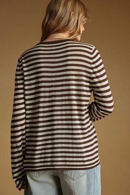 T7238   ROUND NECK LONG SLEEVE STRIPED KNITTED TOP