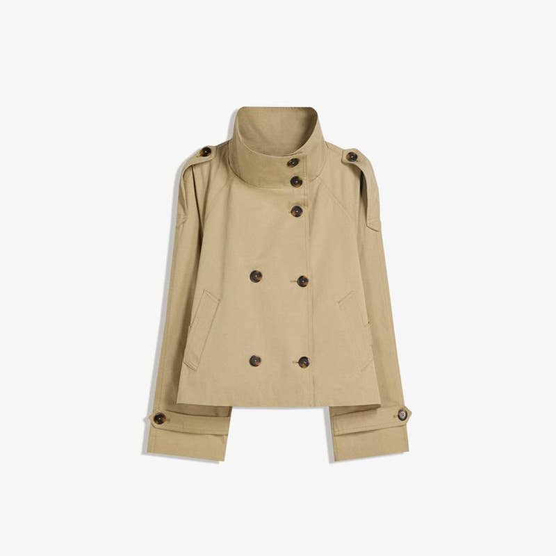 Stand-Collar Buttoned Belted Short Trench Coat