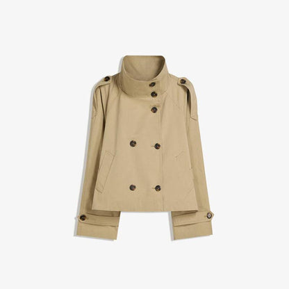 Stand-Collar Buttoned Belted Short Trench Coat