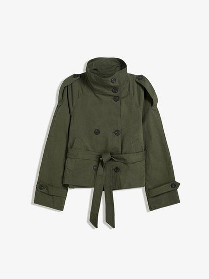 Stand-Collar Buttoned Belted Short Trench Coat