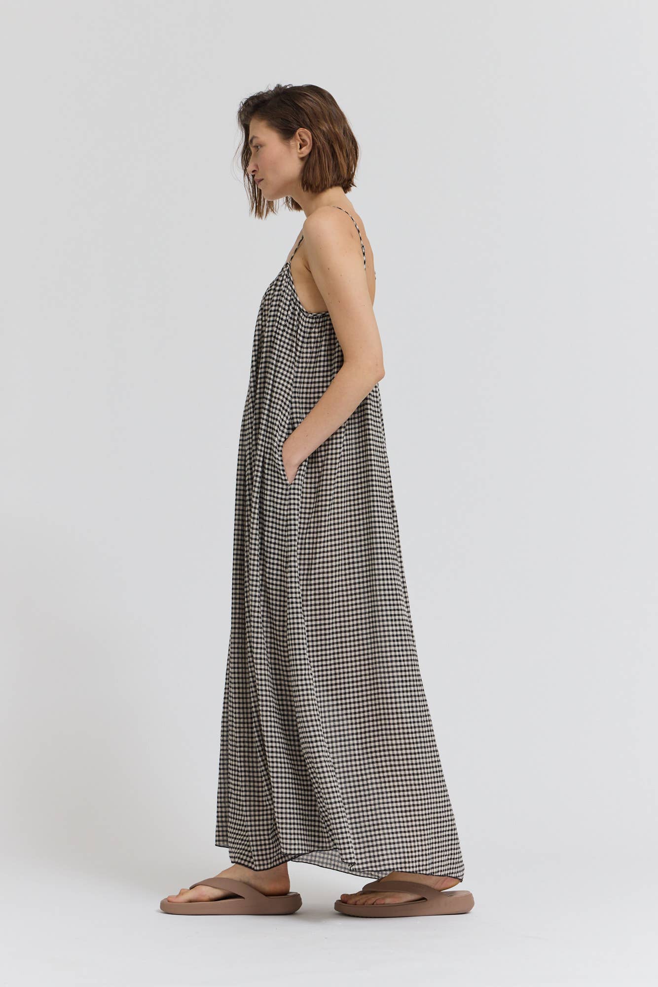 GINGHAM VISCOSE SPAGHETTI DRESS