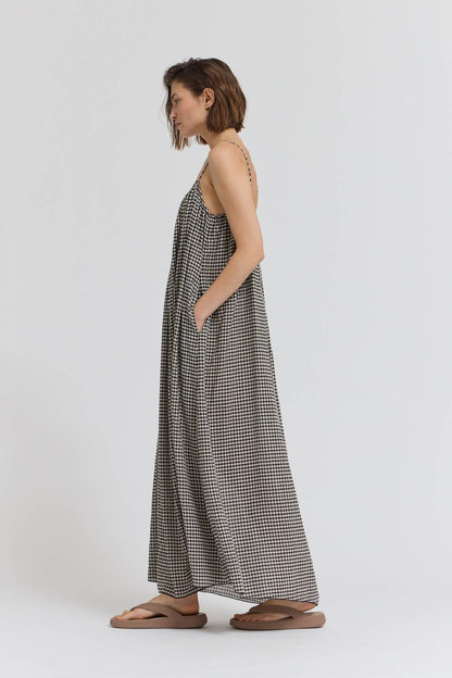 GINGHAM VISCOSE SPAGHETTI DRESS