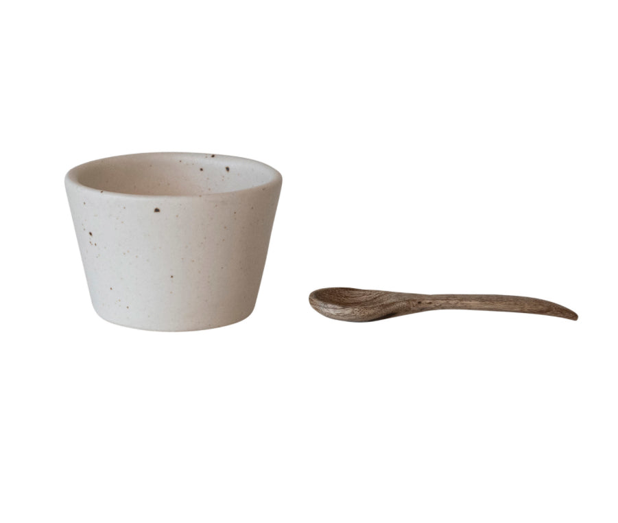 Stoneware Bowl w/ Mango Wood Spoon, Set of 2