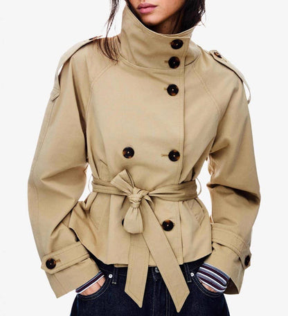 Stand-Collar Buttoned Belted Short Trench Coat