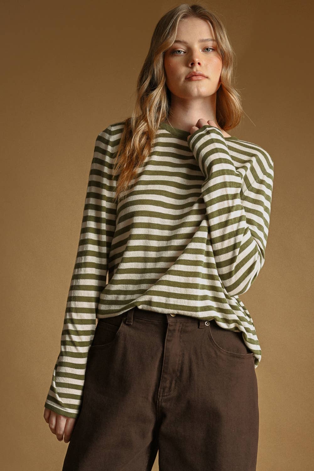 T7238   ROUND NECK LONG SLEEVE STRIPED KNITTED TOP