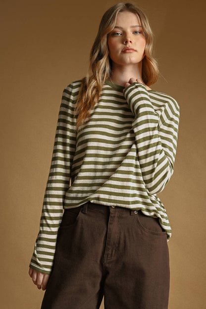 T7238   ROUND NECK LONG SLEEVE STRIPED KNITTED TOP