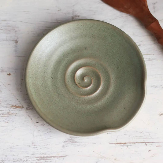 Handmade Pottery Spoon Rest in Moss Green