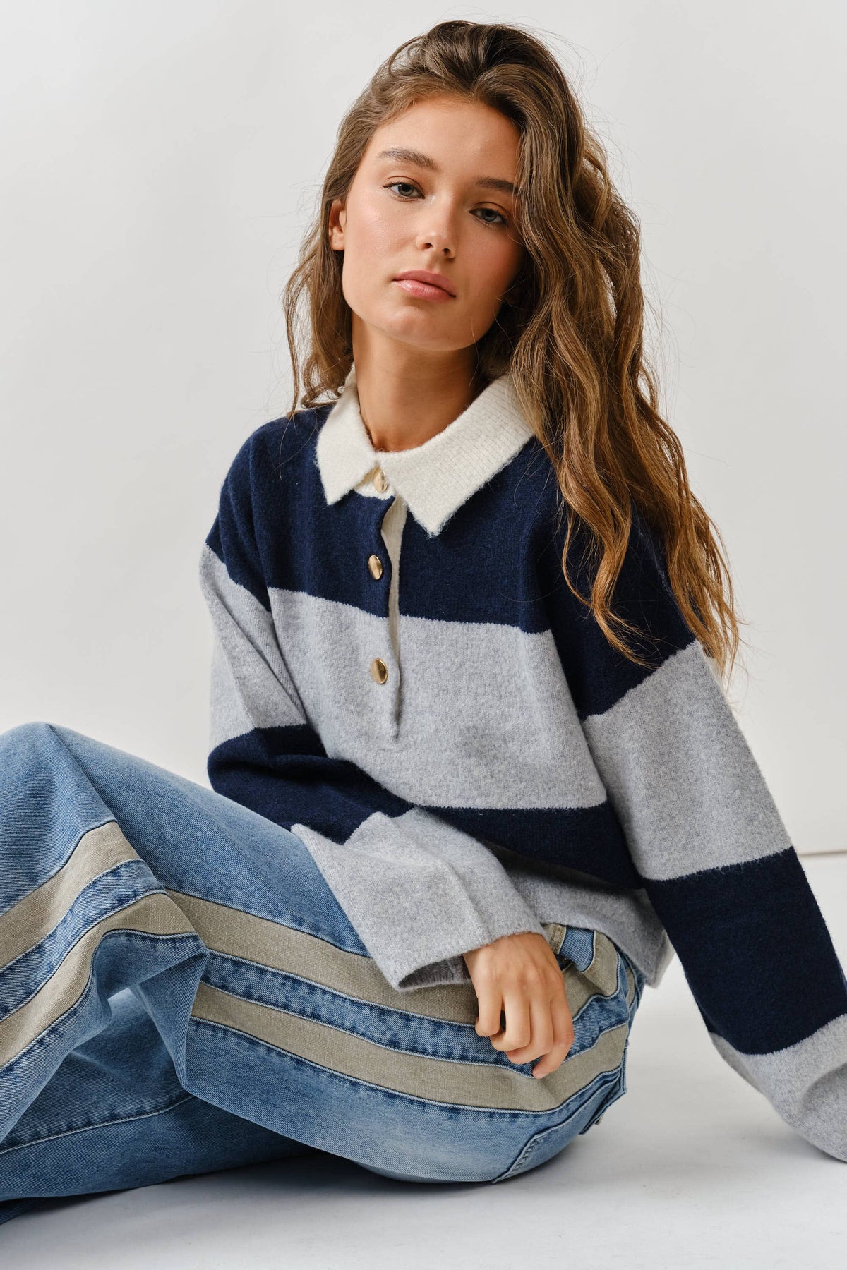 AJT5047 STRIPED POLO NECK SWEATER