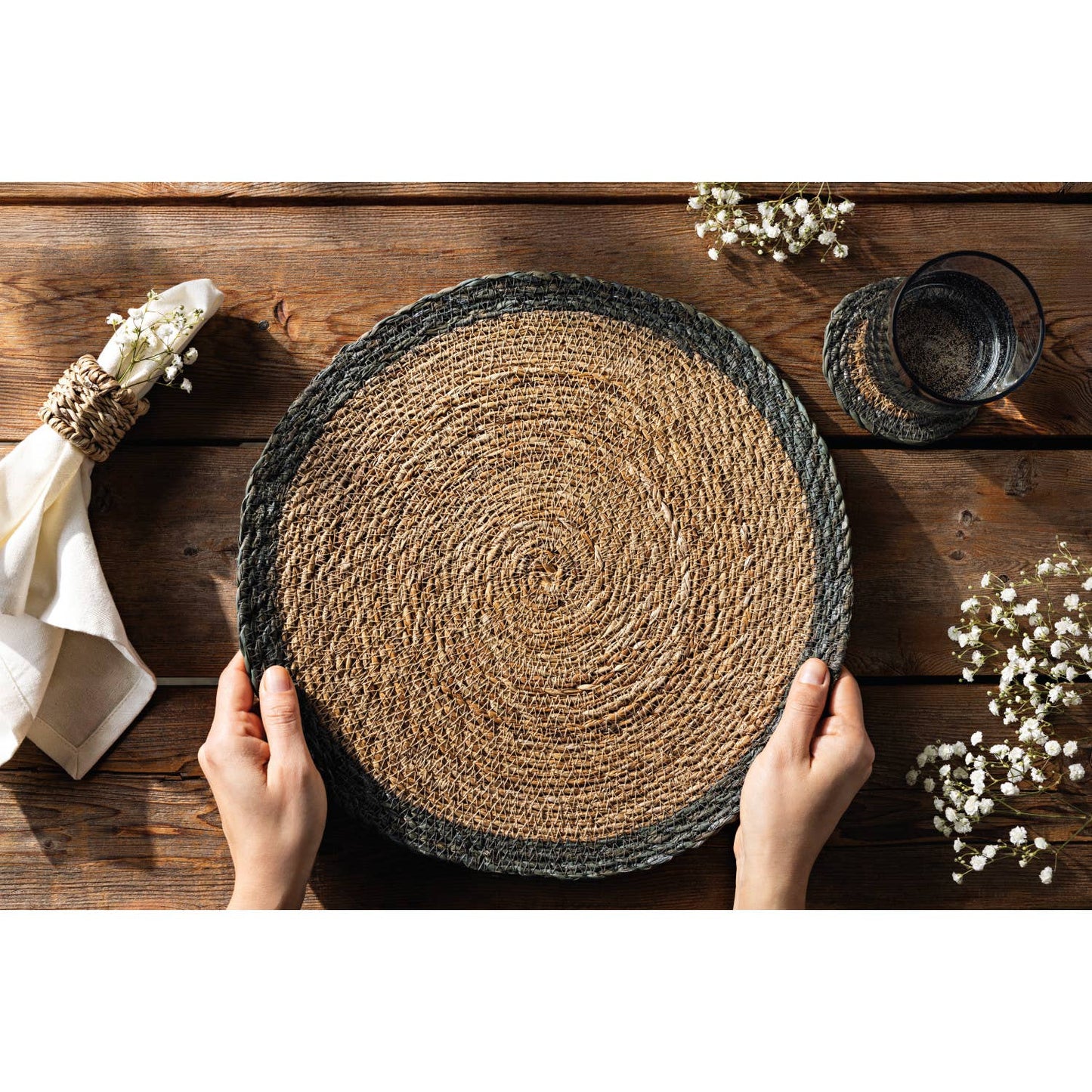 Green Border Seagrass Coasters Set of 4