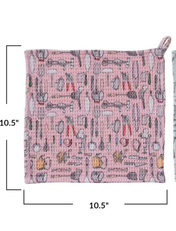 Cotton Blend Printed Waffle Weave Dish Cloth w/ Kitchen Tools Pattern,