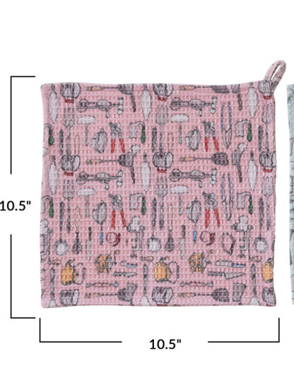 Cotton Blend Printed Waffle Weave Dish Cloth w/ Kitchen Tools Pattern,