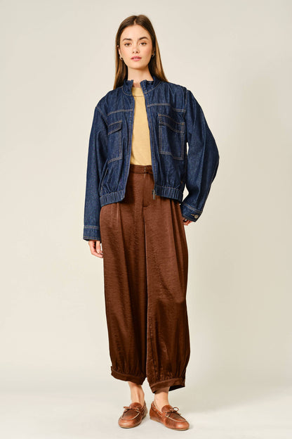 SATIN SHIRRING BAGGY DRESSY PANTS