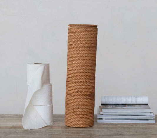 Woven Rattan Toilet Paper Roll Storage w/ Lid (Holds 4 Rolls of Toilet Paper)