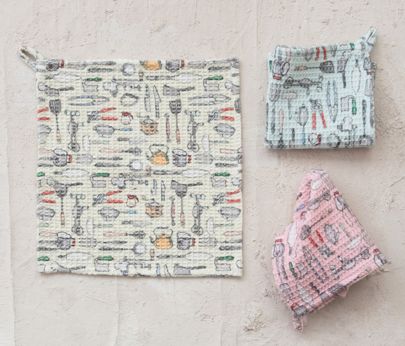 Cotton Blend Printed Waffle Weave Dish Cloth w/ Kitchen Tools Pattern,