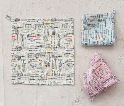 Cotton Blend Printed Waffle Weave Dish Cloth w/ Kitchen Tools Pattern,