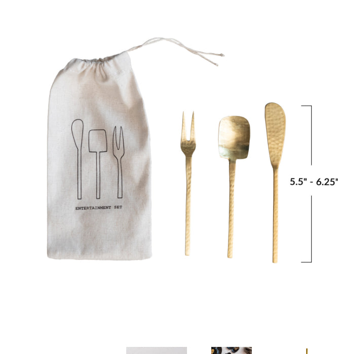 Hammered Stainless Steel Appetizer Utensils, Gold Finish, Set of 3 in Drawstring Bag