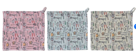 Cotton Blend Printed Waffle Weave Dish Cloth w/ Kitchen Tools Pattern,